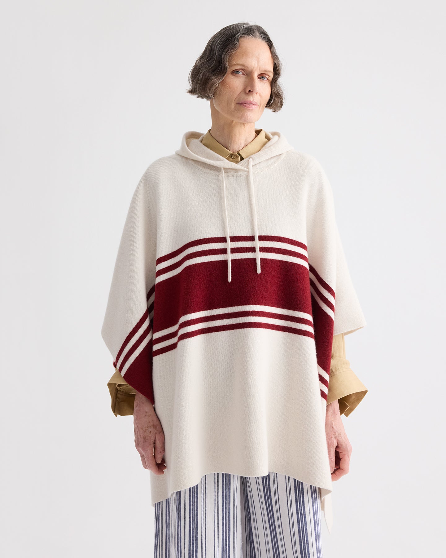 TWP Ivory / karanada red Hooded Poncho in Cashmere view 1