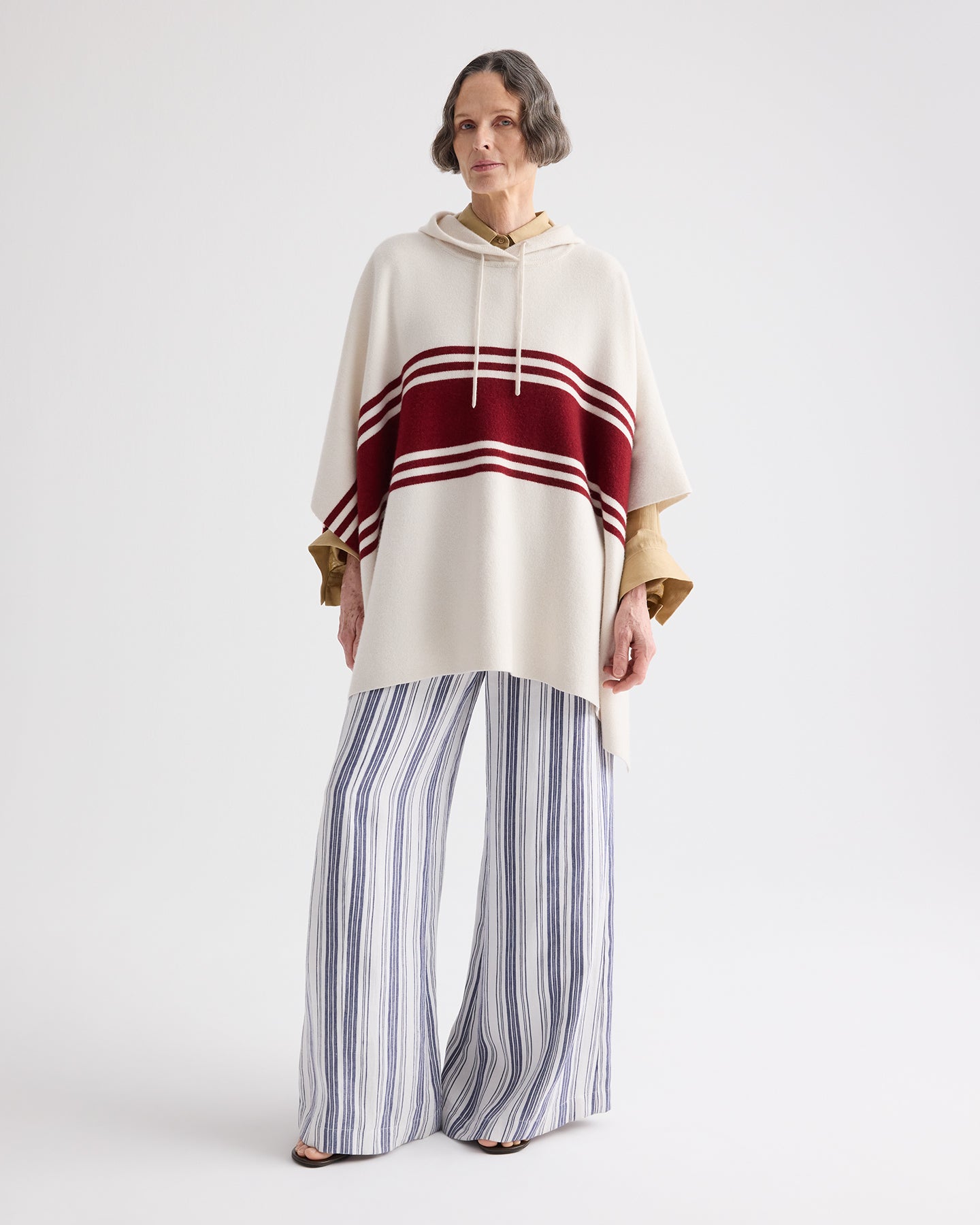 TWP Ivory / karanada red Hooded Poncho in Cashmere view 3