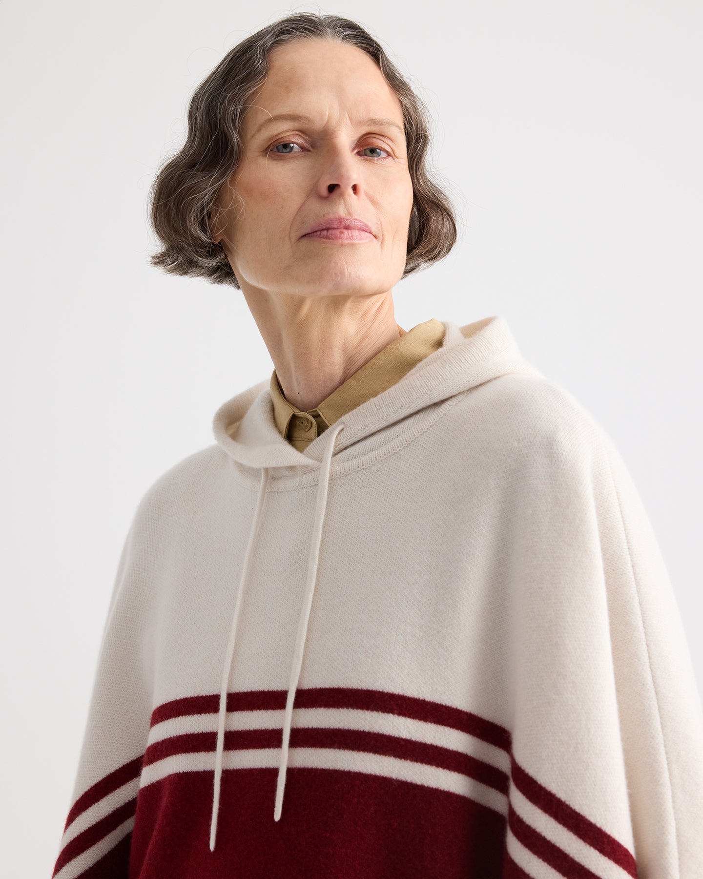 TWP Ivory / karanada red Hooded Poncho in Cashmere view 2