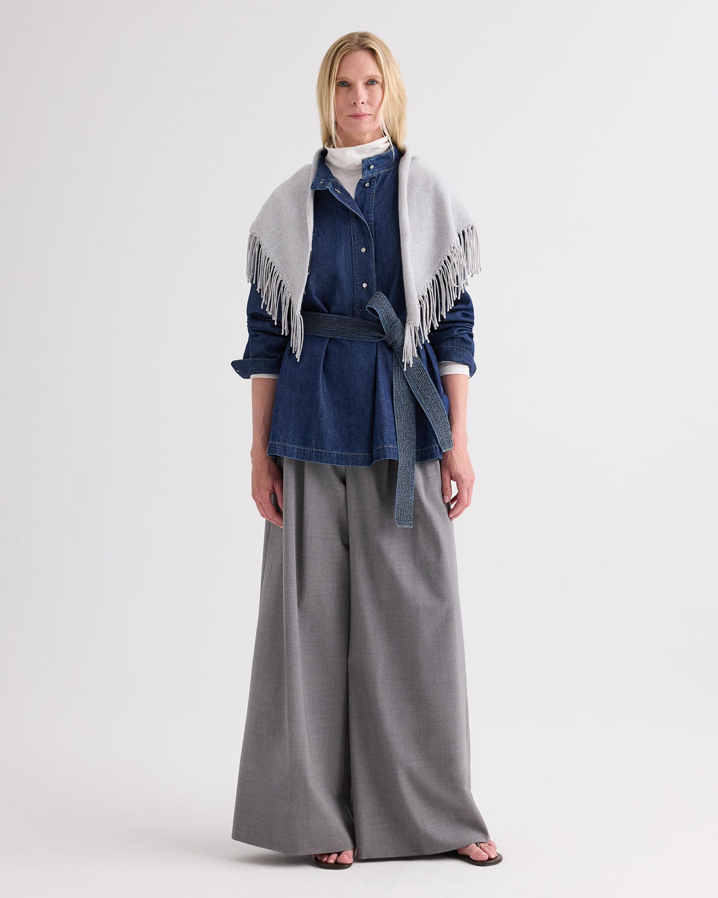 TWP Light heather grey Fringe Triangle Scarf in Italian Cashmere view 1