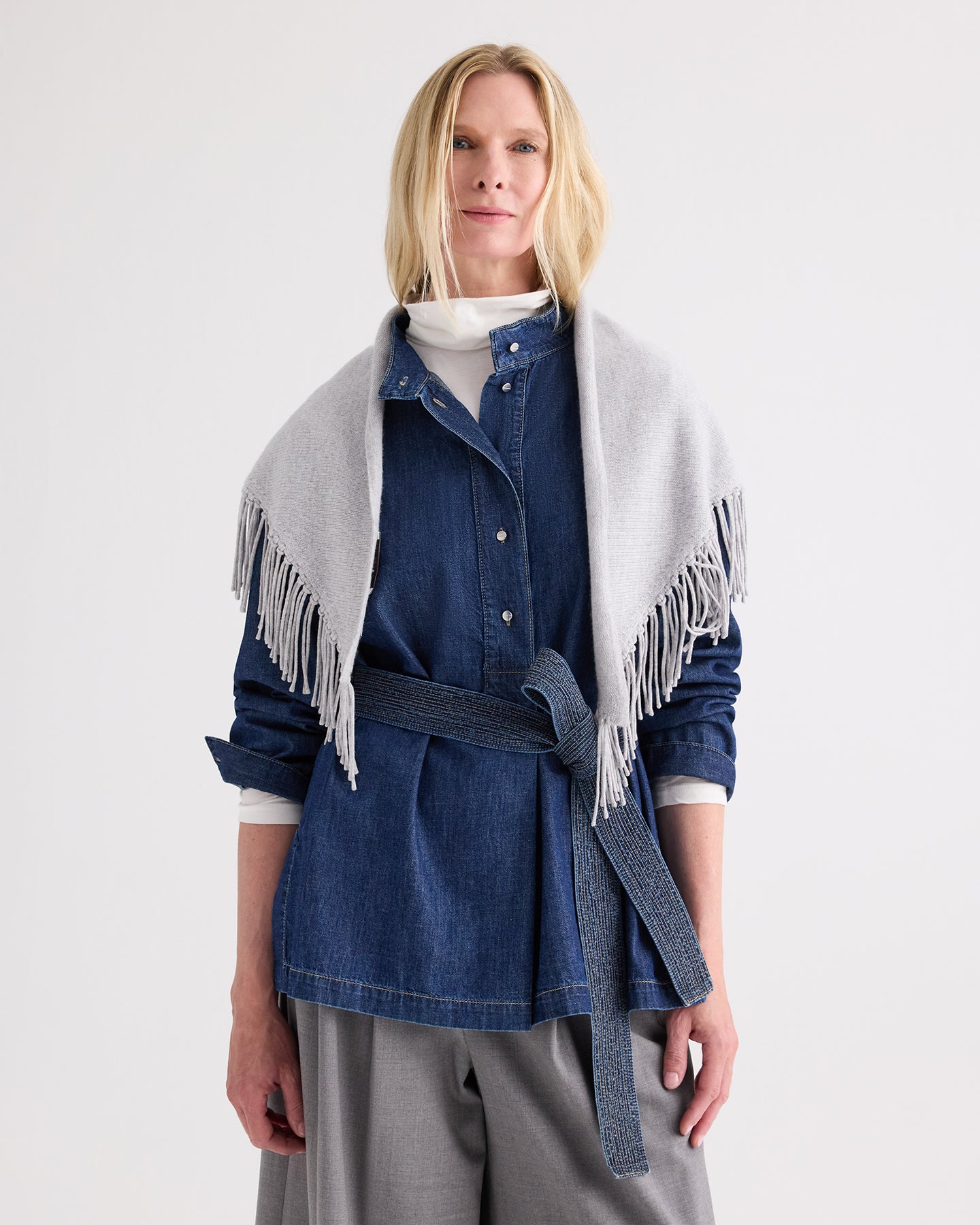 TWP Light heather grey Fringe Triangle Scarf in Italian Cashmere view 2