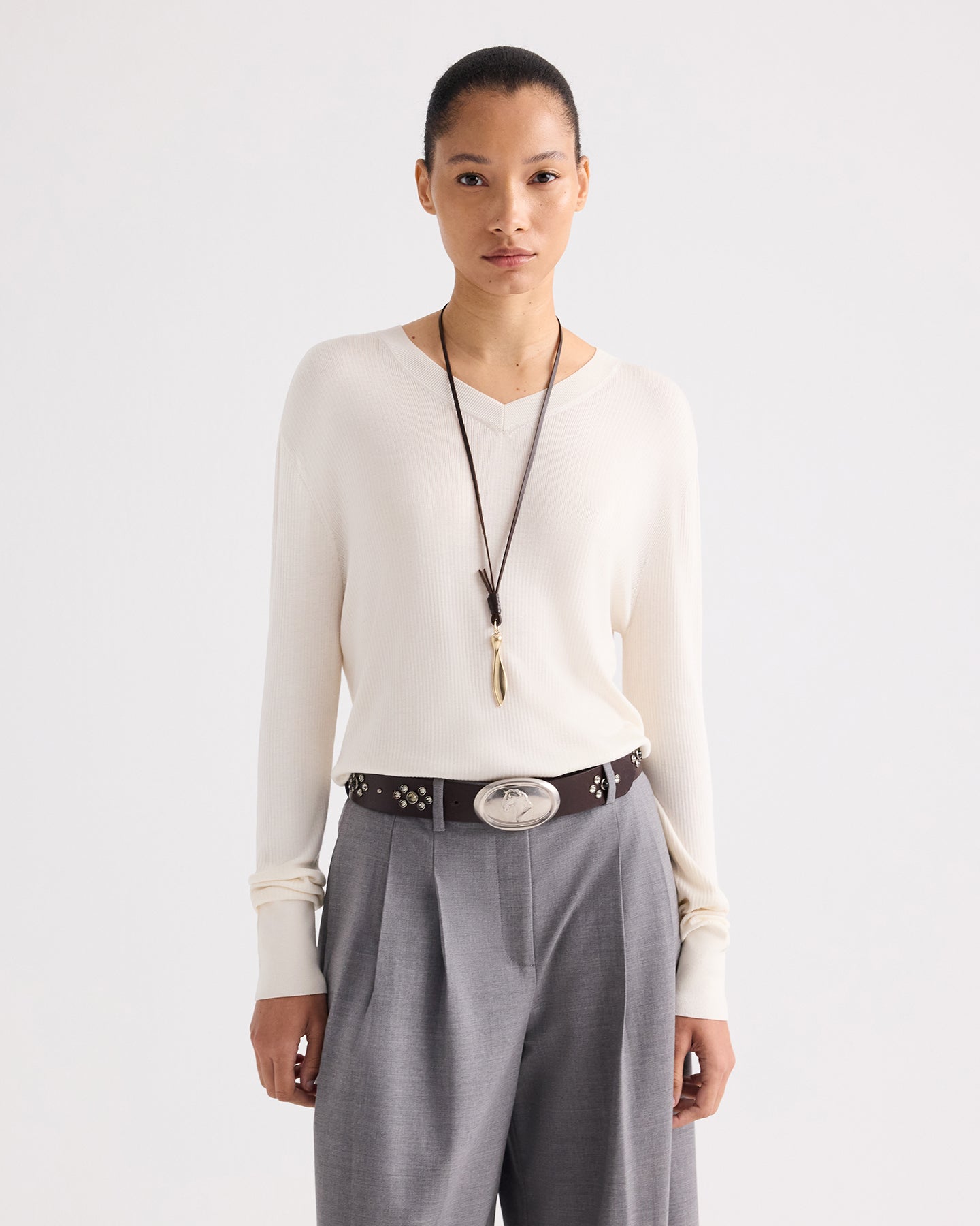 TWP Ivory Second Skin V Sweater in Viscose Silk view 2