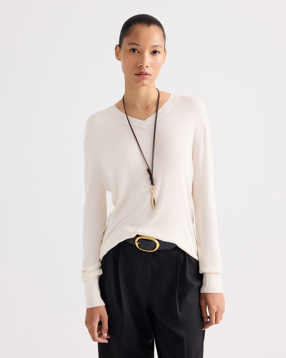 TWP Ivory Second Skin V Sweater in Viscose Silk view 1