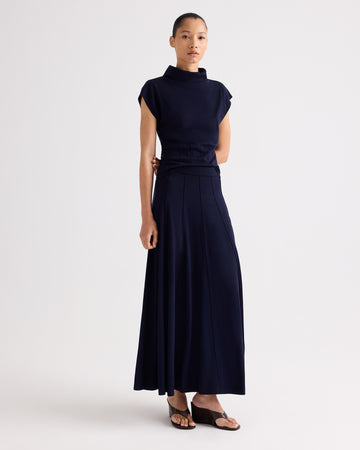 Blue Nights Merino Wool Seamed Maxi Skirt - Front View, On Model | TWP Clothing