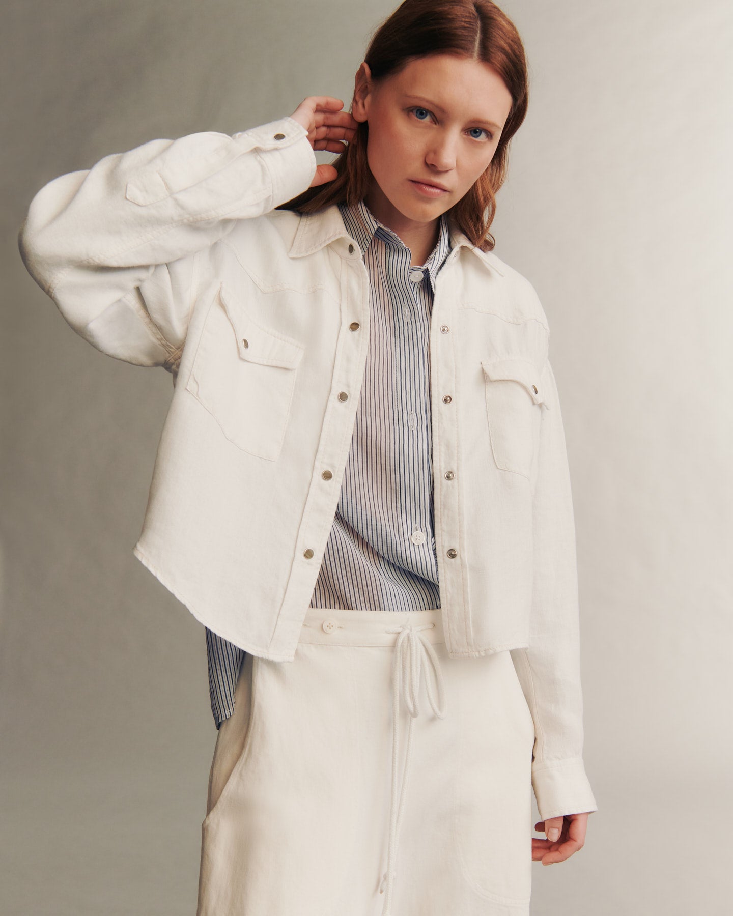TWP White Cropped OG Shirt in Japanese Denim view 1