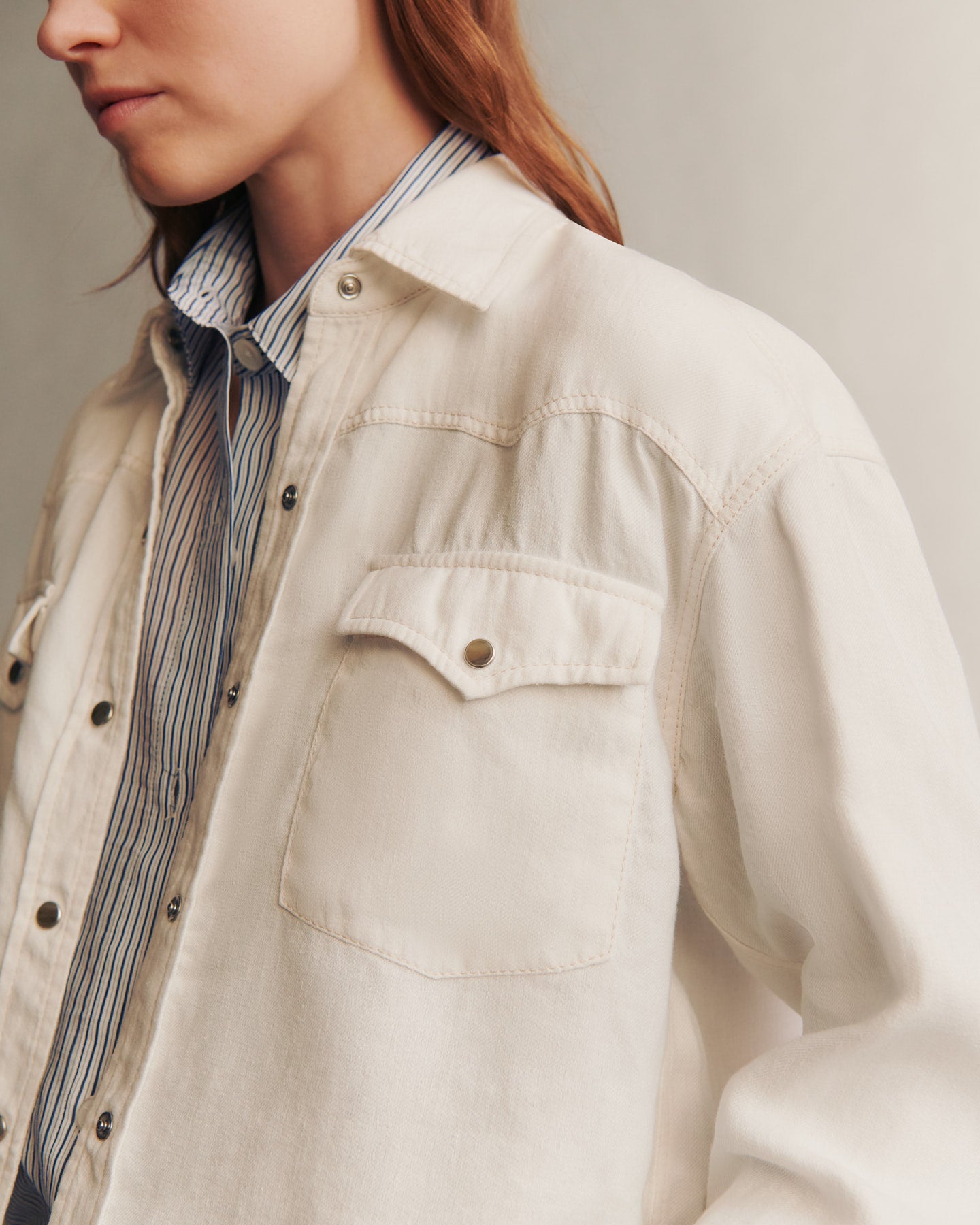 TWP White Cropped OG Shirt in Japanese Denim view 4