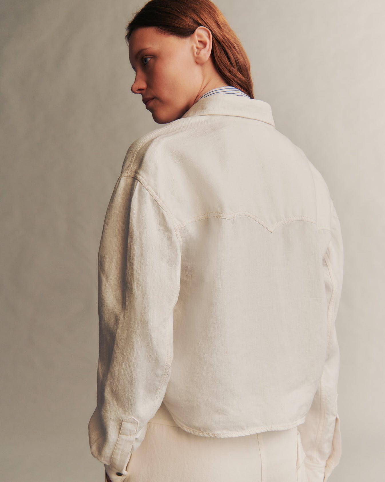 TWP White Cropped OG Shirt in Japanese Denim view 5