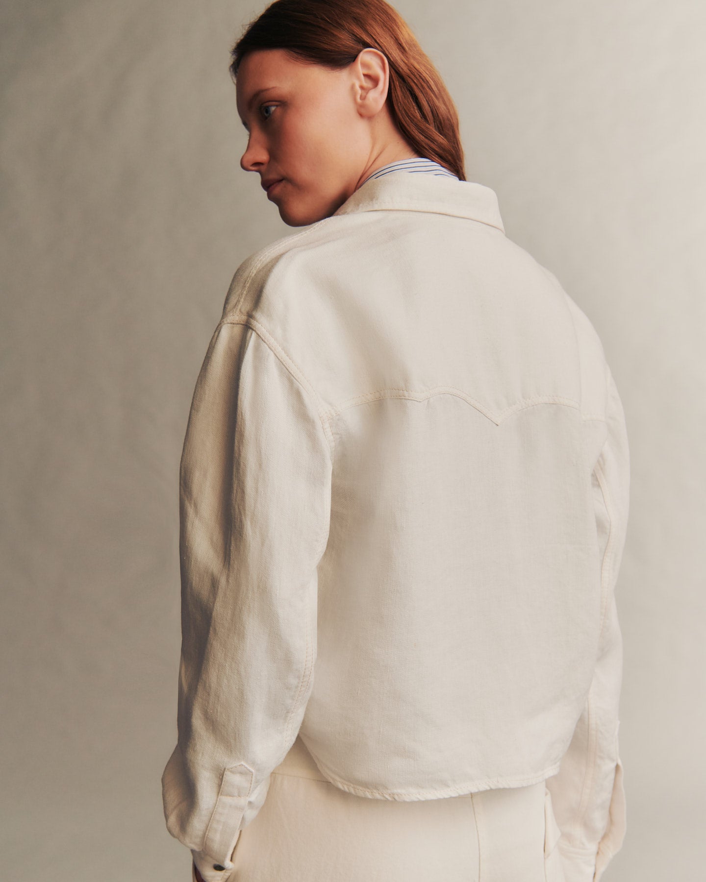 TWP White Cropped OG Shirt in Japanese Denim view 5