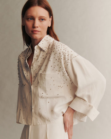 TWP White Soon To Be Ex Shirt With Crystal Trickle in Coated Viscose Linen view 2