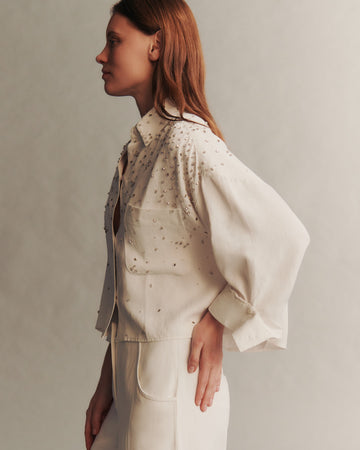 TWP White Soon To Be Ex Shirt With Crystal Trickle in Coated Viscose Linen view 4