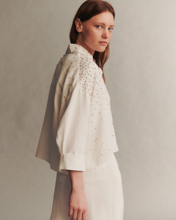 TWP White Soon To Be Ex Shirt With Crystal Trickle in Coated Viscose Linen view 5