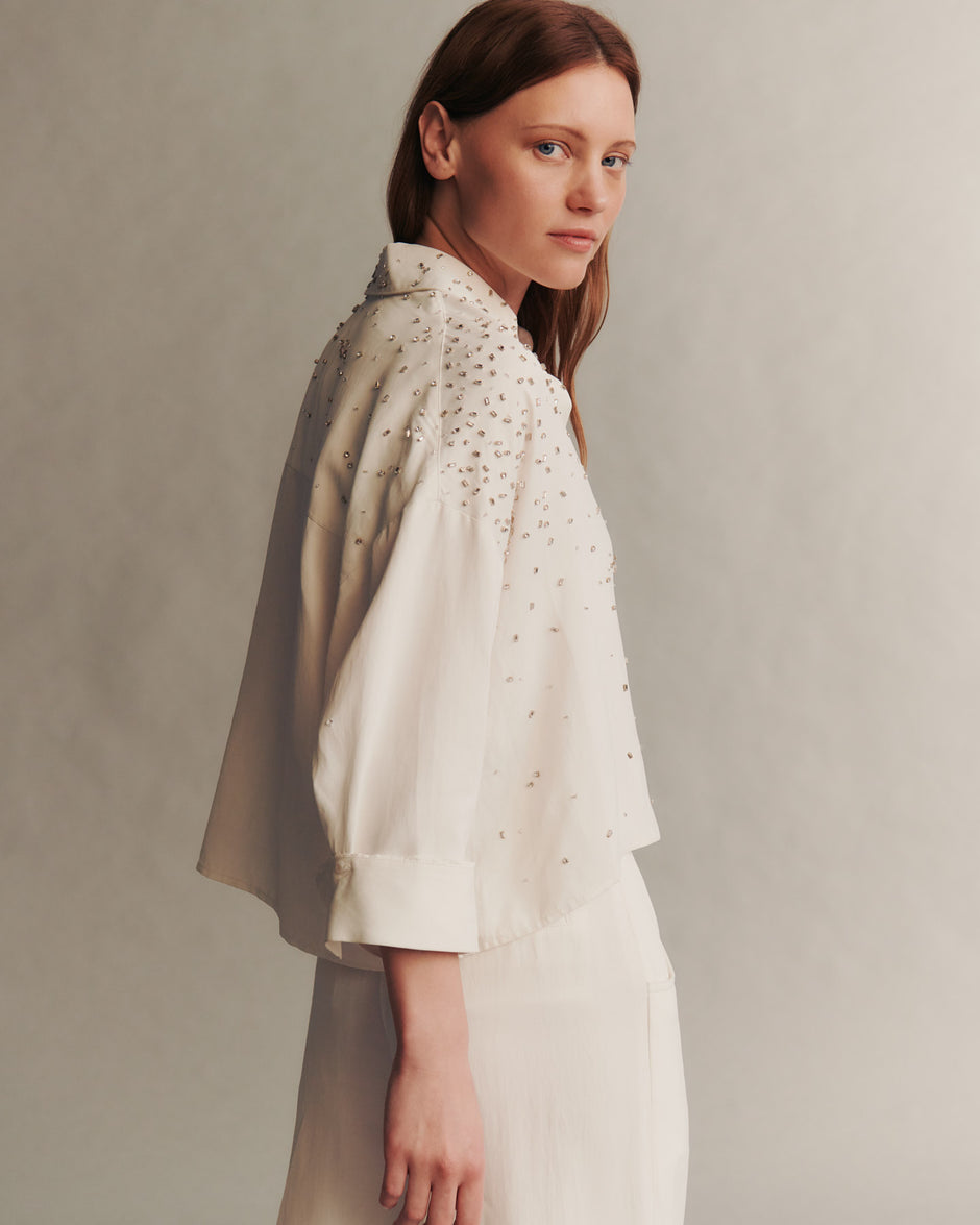 TWP White Soon To Be Ex Shirt With Crystal Trickle in Coated Viscose Linen view 5