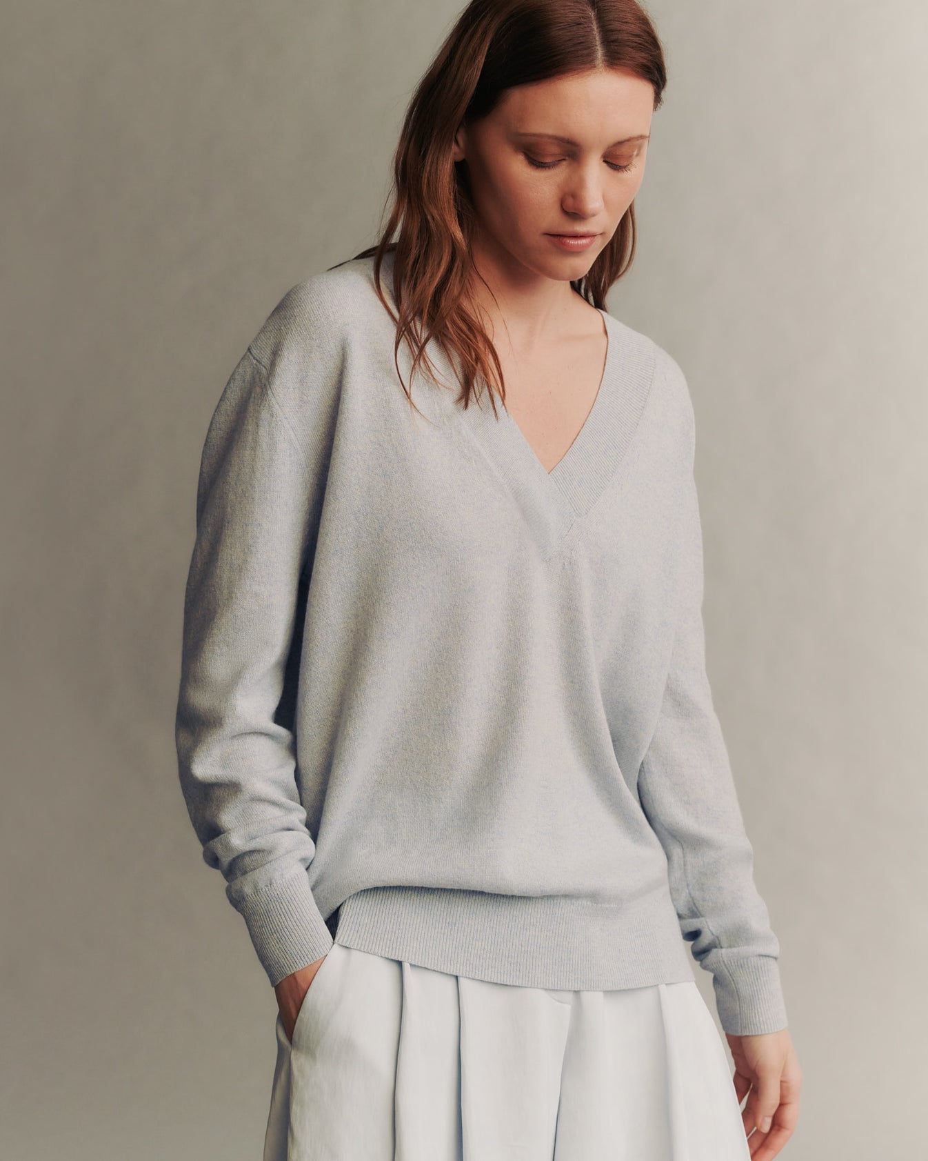 TWP Ancient water Deep V Sweater in Cashmere view 2