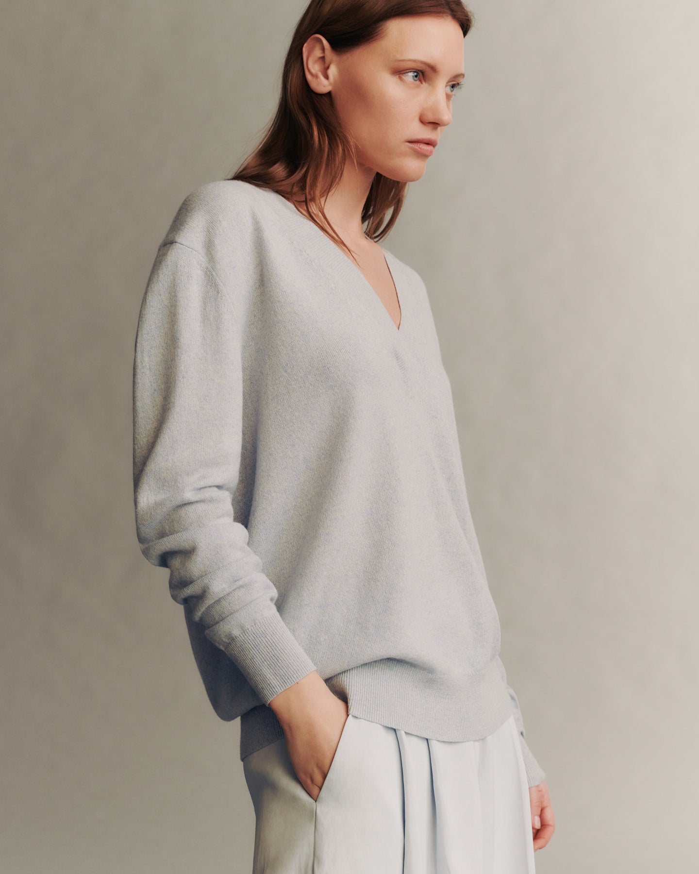 TWP Ancient water Deep V Sweater in Cashmere view 3