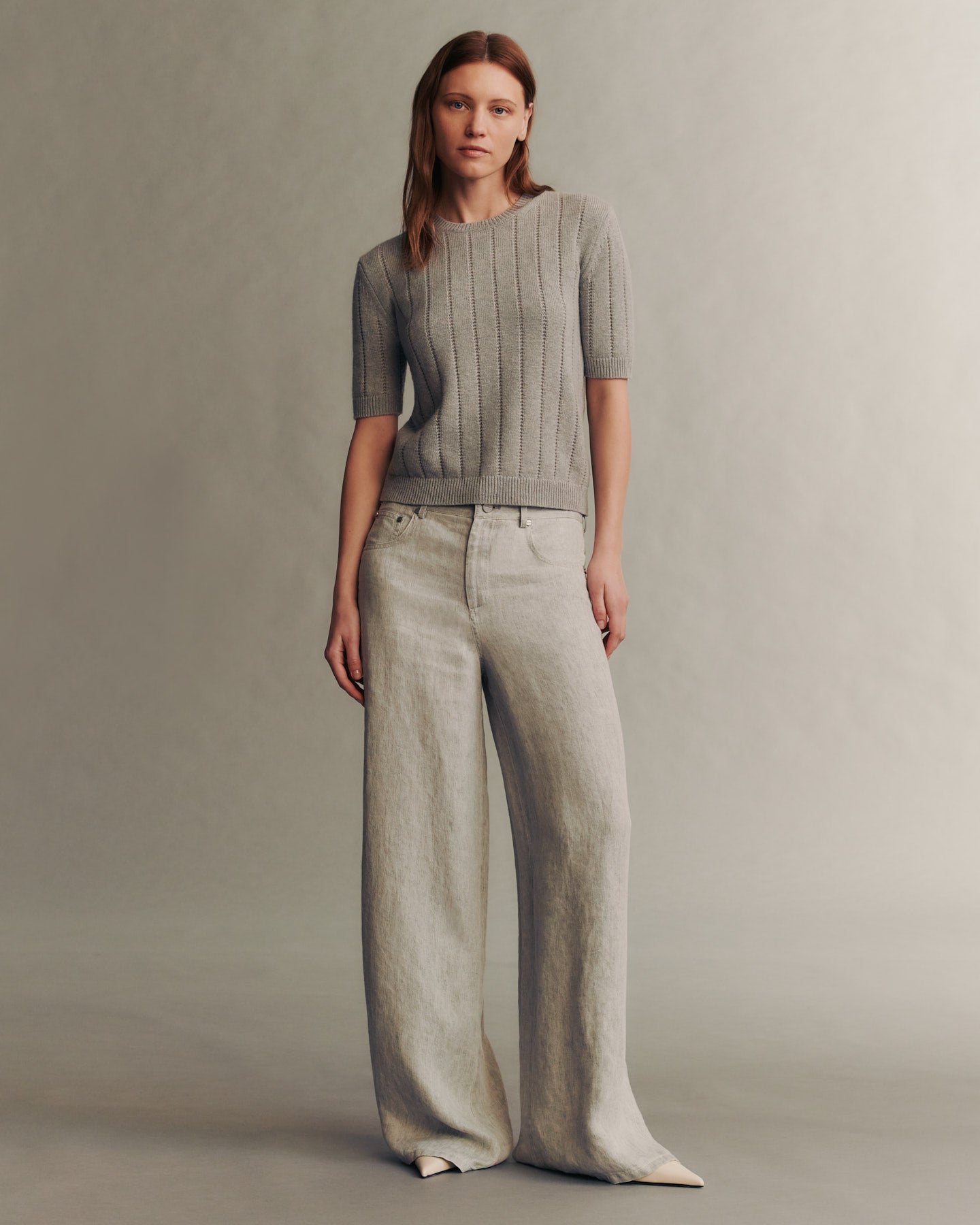 TWP Medium heather grey Audrey Crew with Pointelle Detail in Cashmere view 2