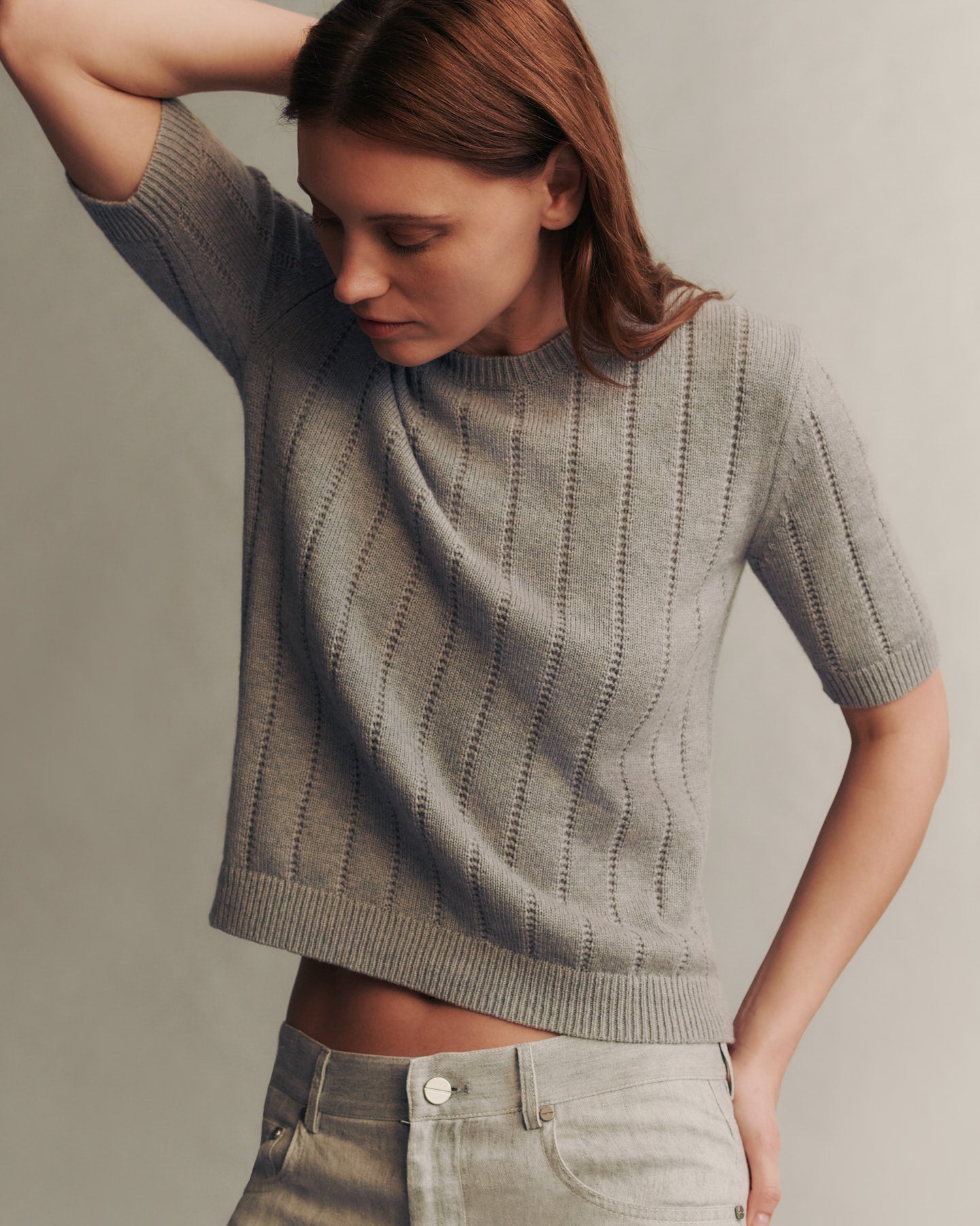 TWP Medium heather grey Audrey Crew with Pointelle Detail in Cashmere view 3