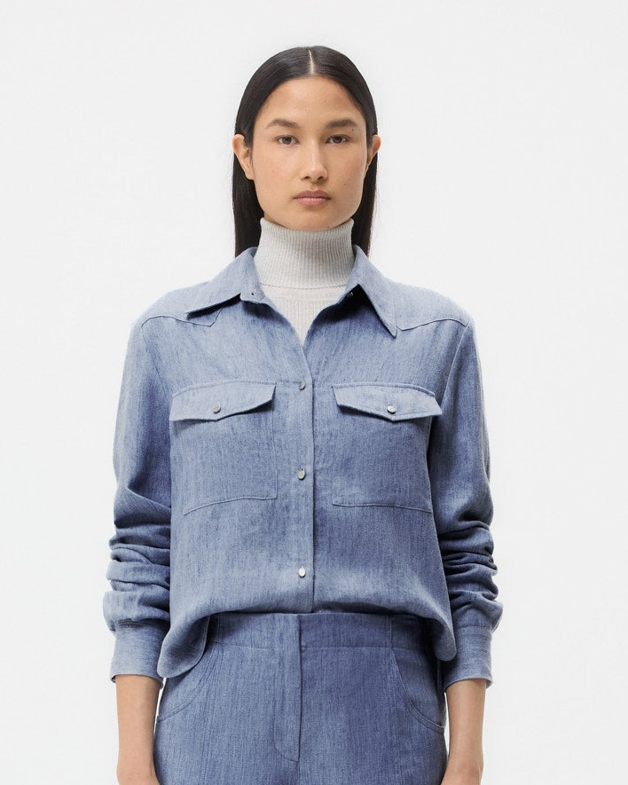 TWP Medium indigo Rancher&#39;s Daughter Shirt in Lightweight Washed Hemp Denim view 1