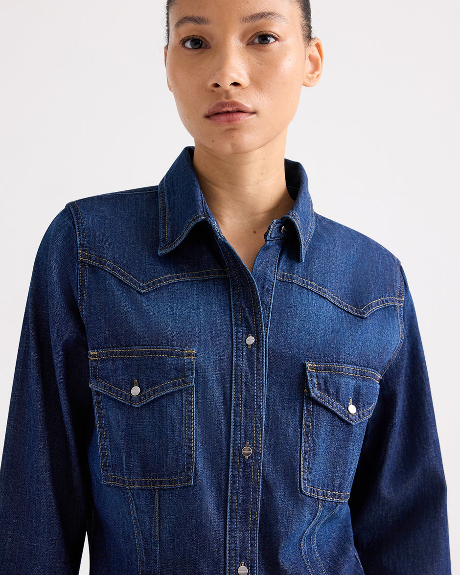 TWP Dark wash Mustang Sally Shirt in Denim Shirting view 1