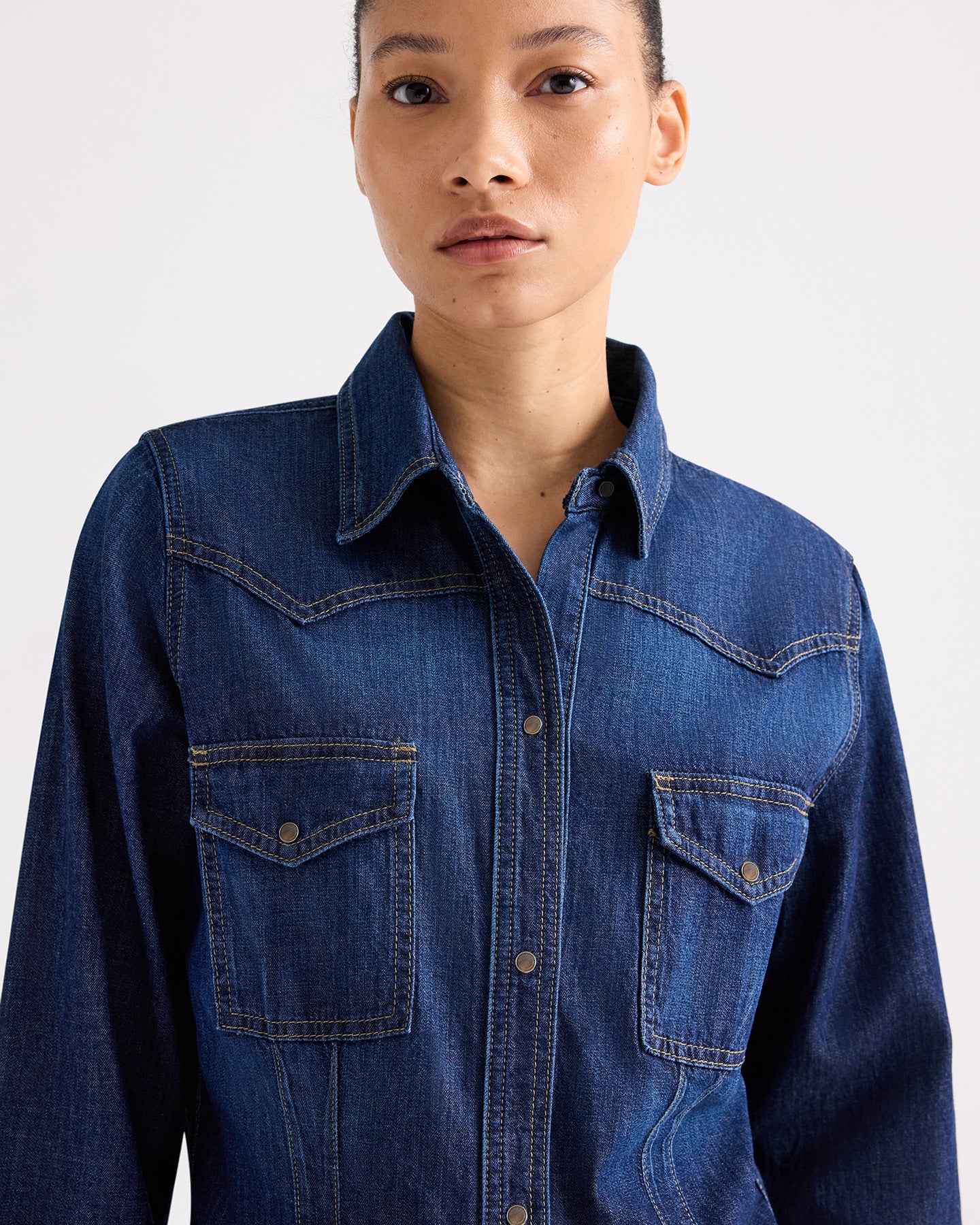 TWP Dark wash Mustang Sally Shirt in Denim Shirting view 1