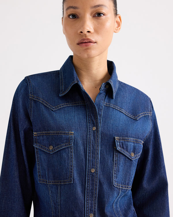 TWP Dark wash Mustang Sally Shirt in Denim Shirting view 1