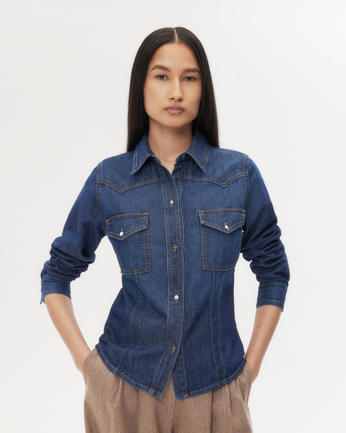 TWP Dark wash Mustang Sally Shirt in Denim Shirting view 1
