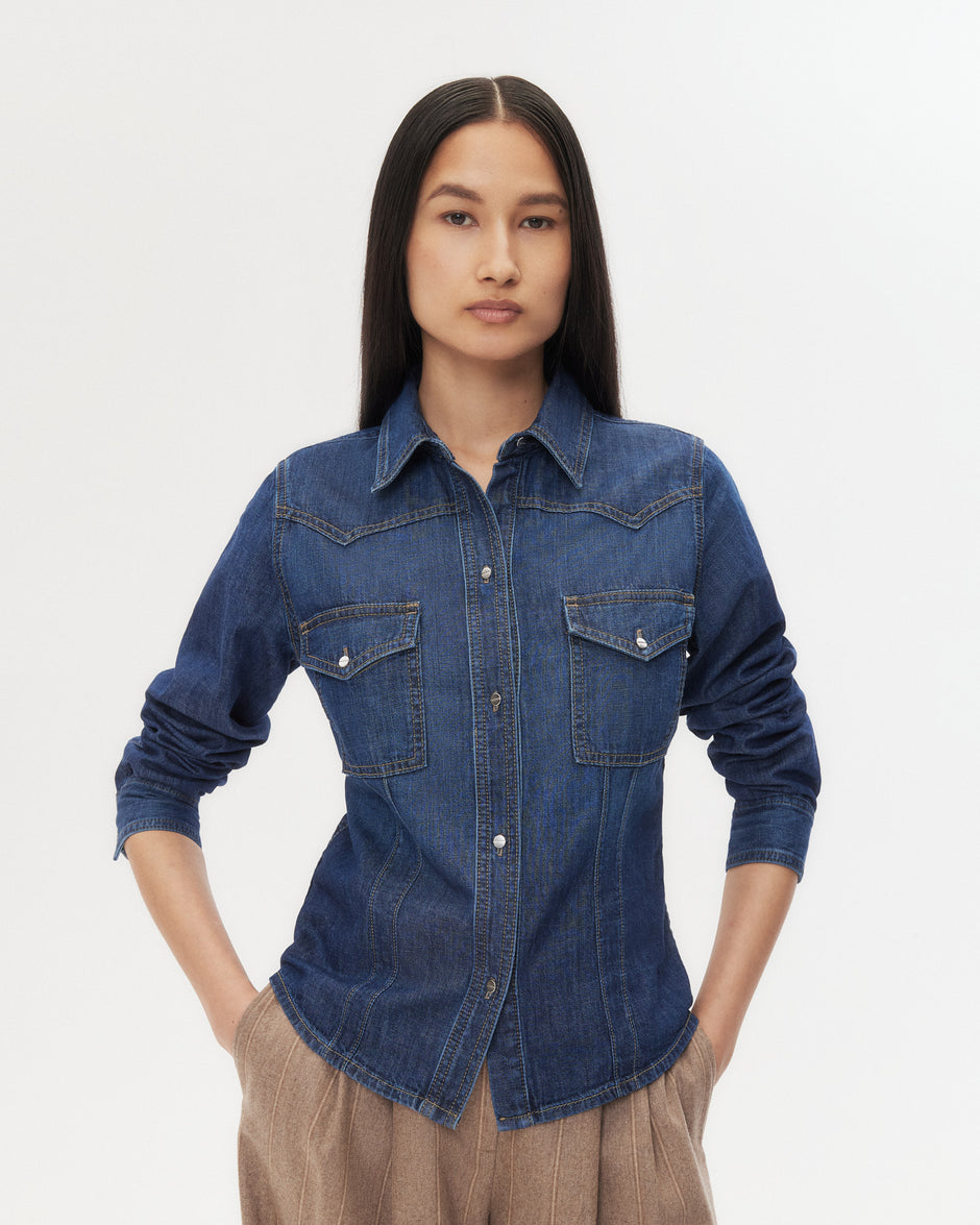 TWP Dark wash Mustang Sally Shirt in Denim Shirting view 1