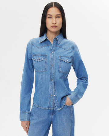 TWP Vintage wash Mustang Sally Shirt in Denim Shirting view 2