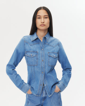TWP Vintage wash Mustang Sally Shirt in Denim Shirting view 1