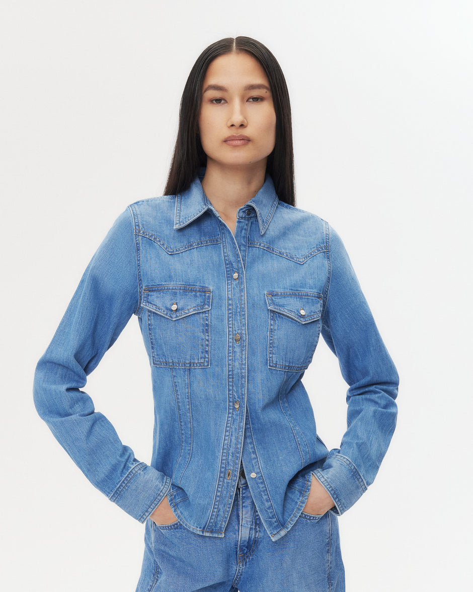 TWP Vintage wash Mustang Sally Shirt in Denim Shirting view 1
