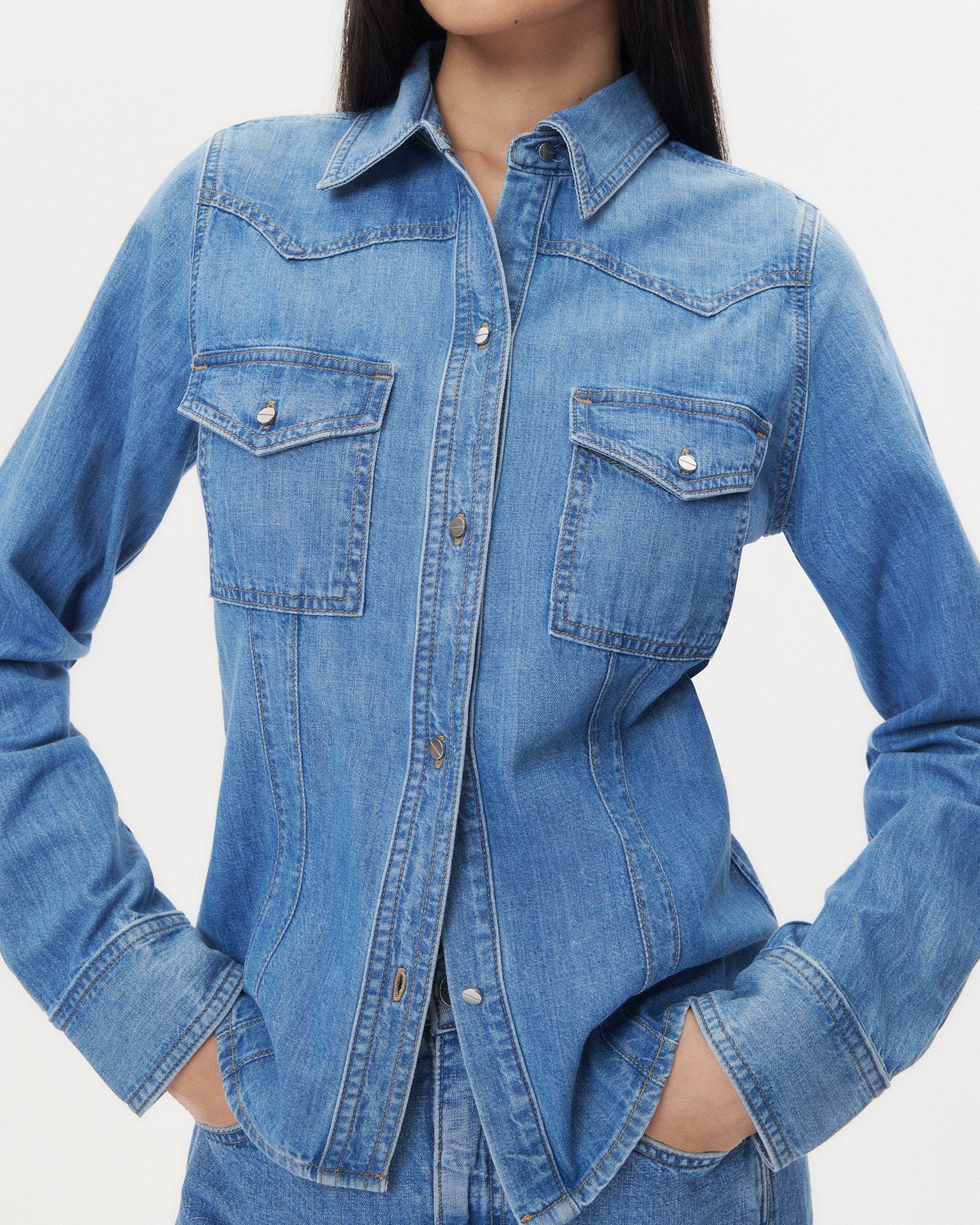 TWP Vintage wash Mustang Sally Shirt in Denim Shirting view 7