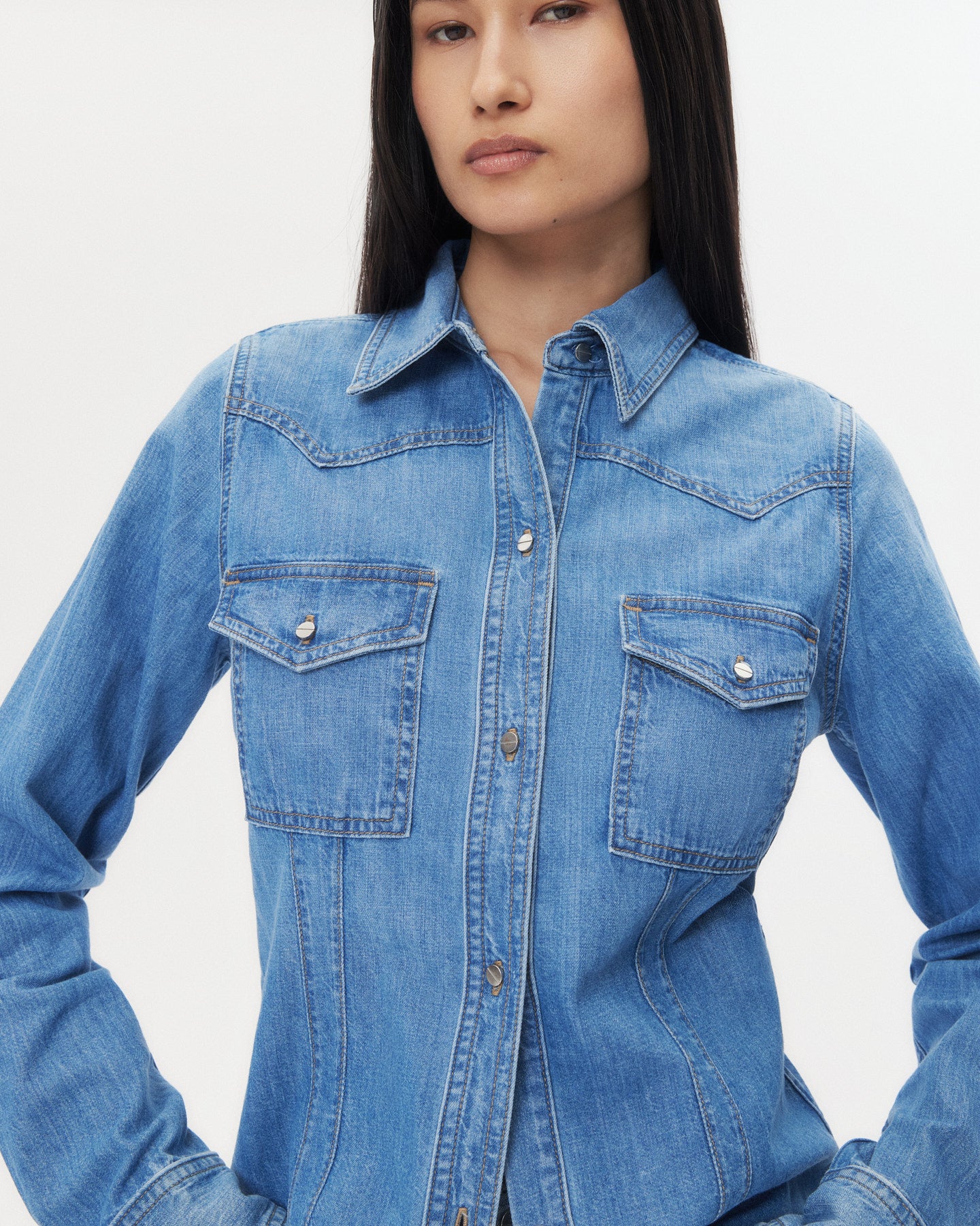 TWP Vintage wash Mustang Sally Shirt in Denim Shirting view 3