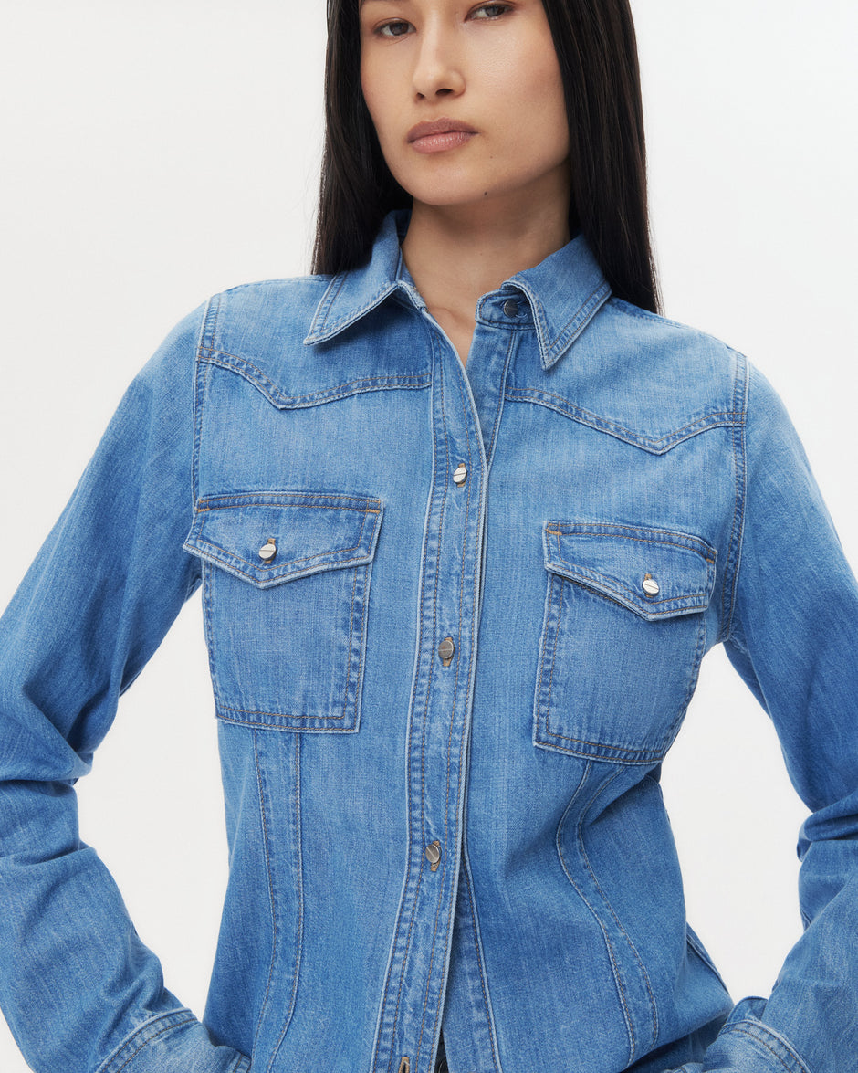 TWP Vintage wash Mustang Sally Shirt in Denim Shirting view 3