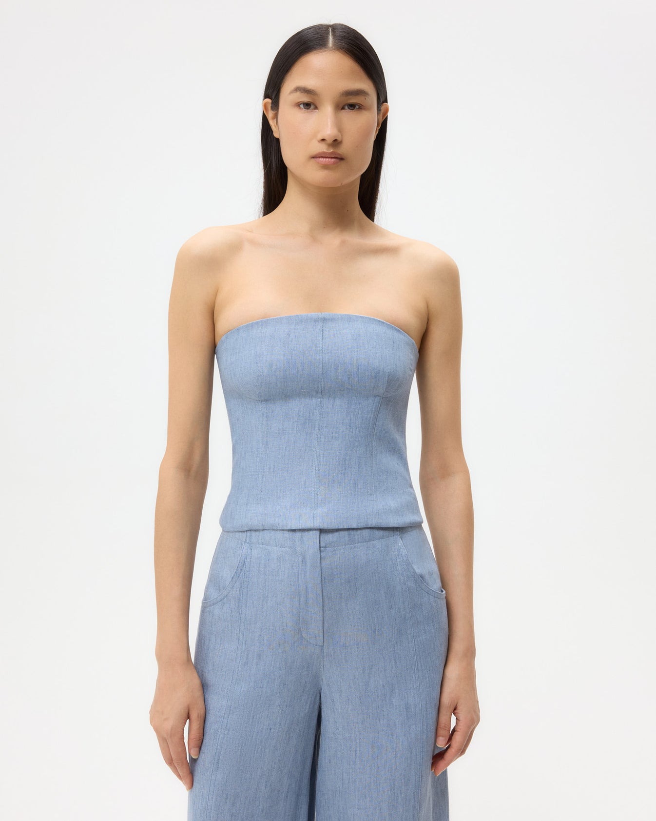 TWP Light indigo Jillian Bustier in Lightweight Washed Hemp Denim view 1