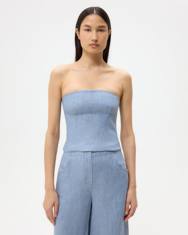 TWP Light indigo Jillian Bustier in Lightweight Washed Hemp Denim view 1