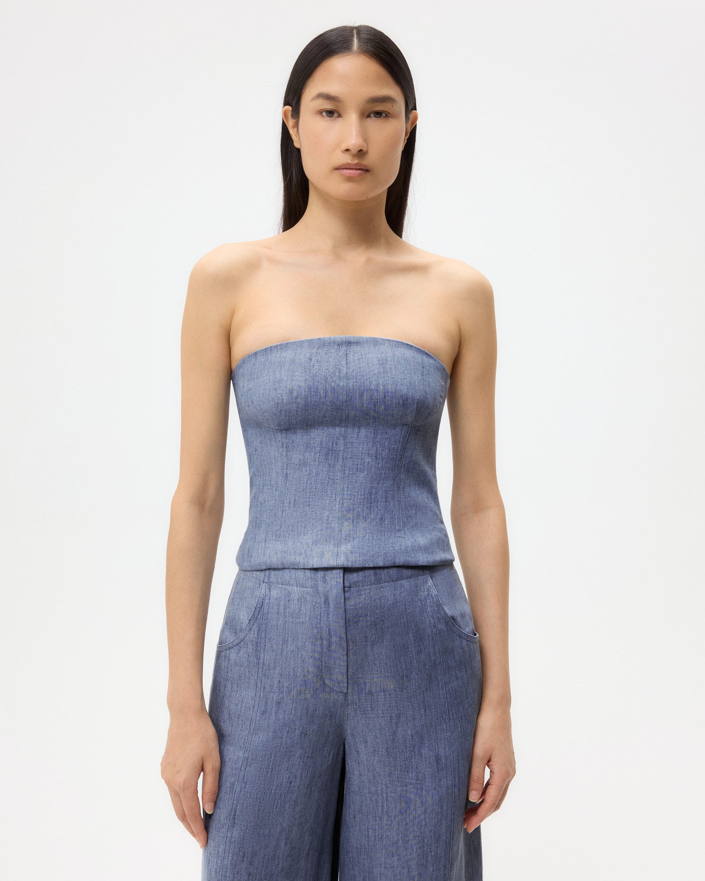 TWP Medium indigo Jillian Bustier in Lightweight Washed Hemp Denim view 2