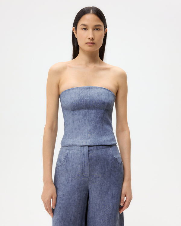 TWP Medium indigo Jillian Bustier in Lightweight Washed Hemp Denim view 2