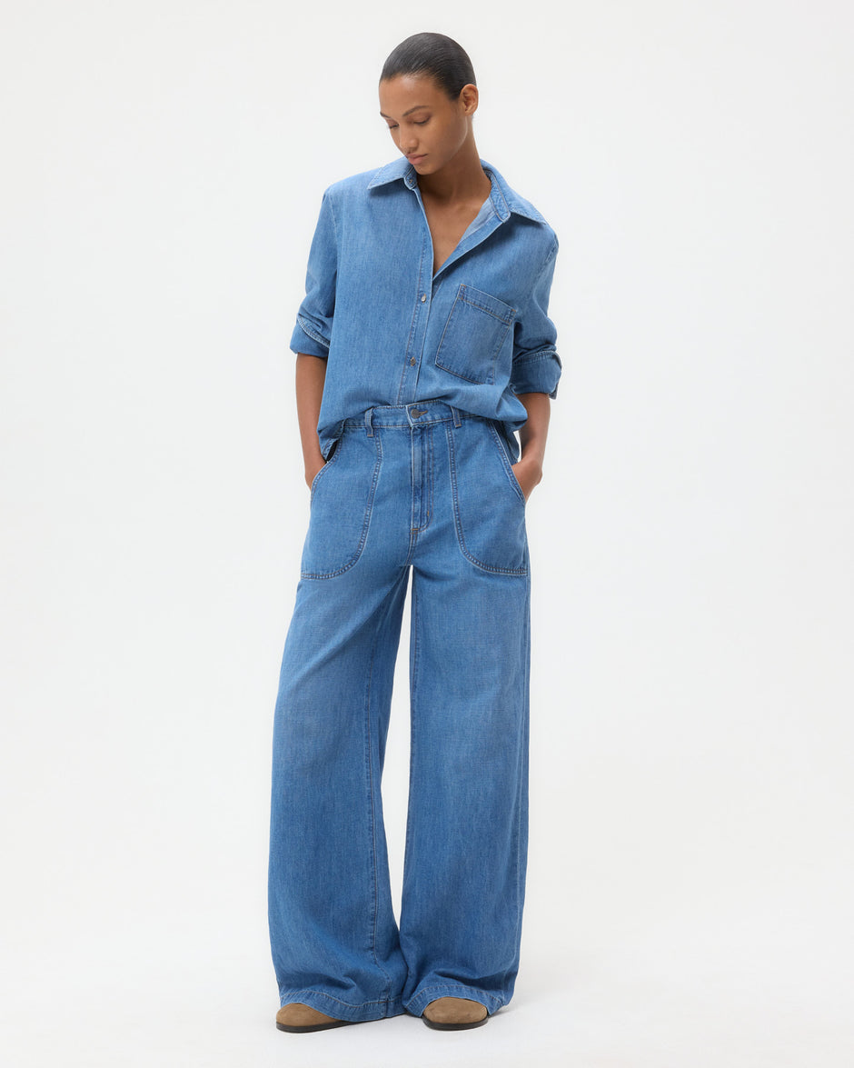 TWP Vintage wash Wilson Top in Denim Shirting view 1