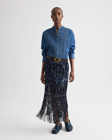 TWP Dark blue / midnight Laurel Skirt in Trapped Fringe Sequin view 1