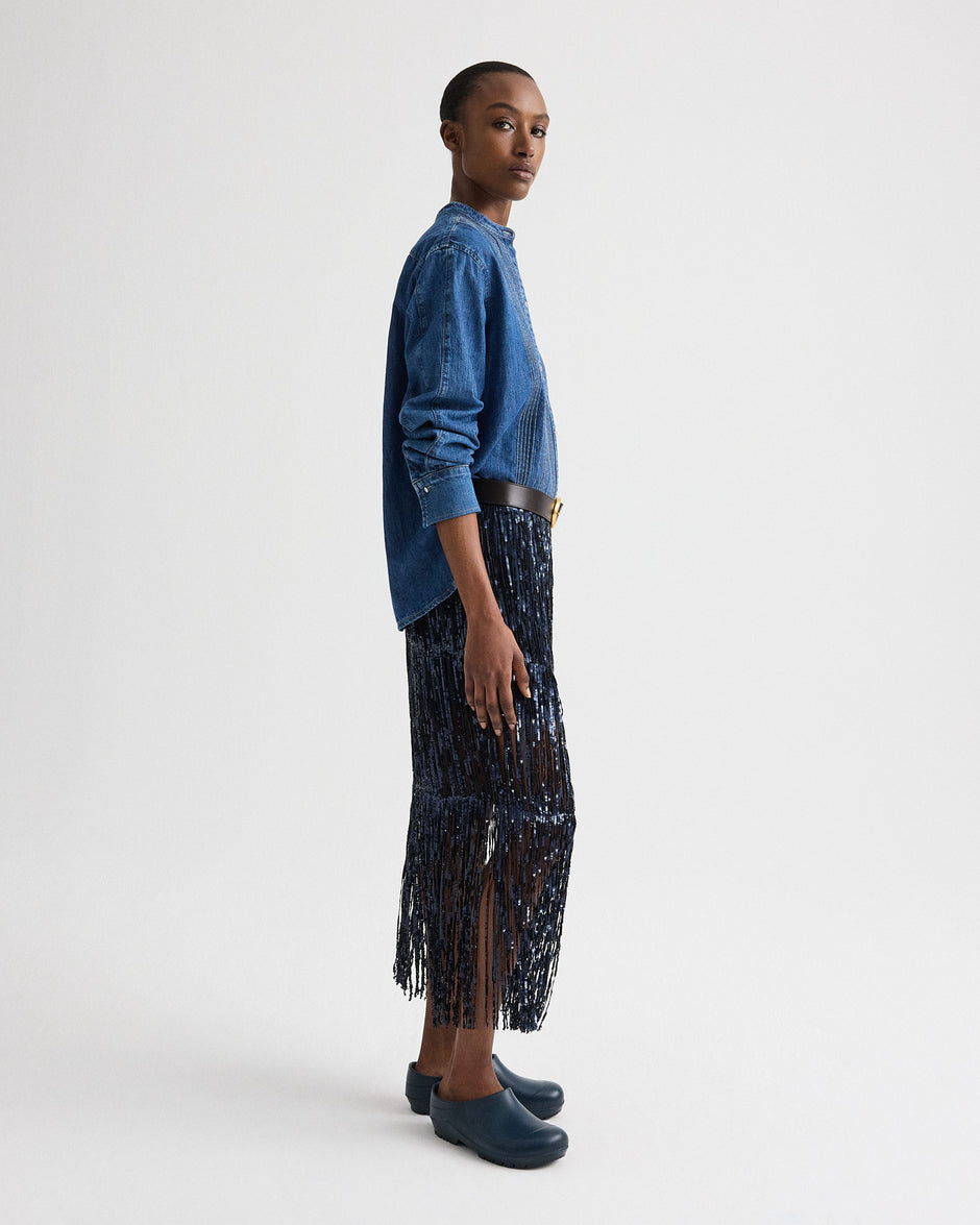 TWP Dark blue / midnight Laurel Skirt in Trapped Fringe Sequin view 3