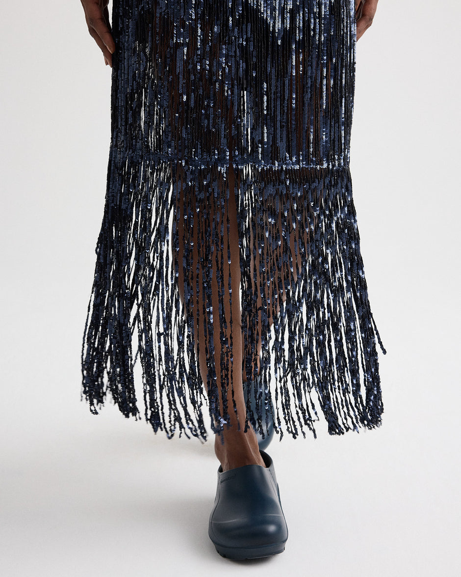 TWP Dark blue / midnight Laurel Skirt in Trapped Fringe Sequin view 2