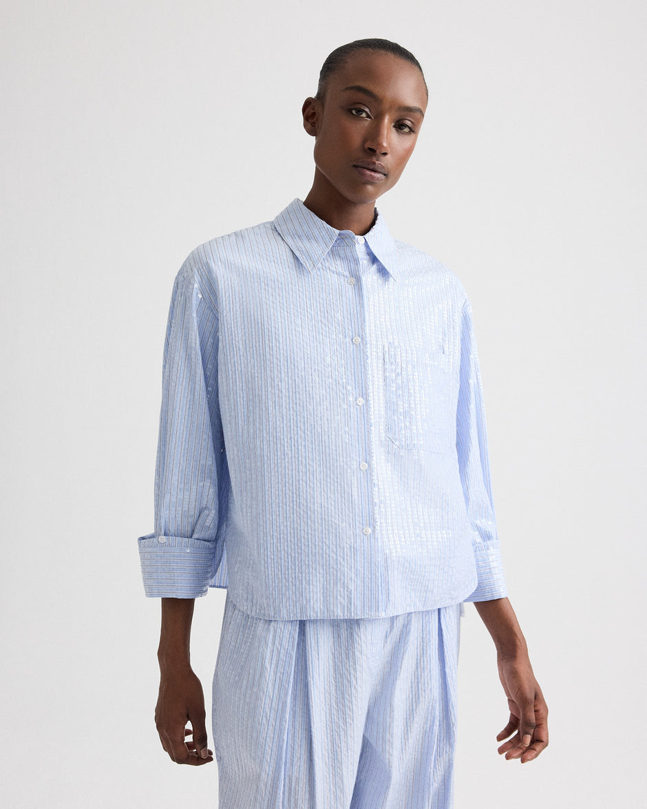 TWP Blue / midnight J.D. Shirt in Micro Triple Stripe view 1