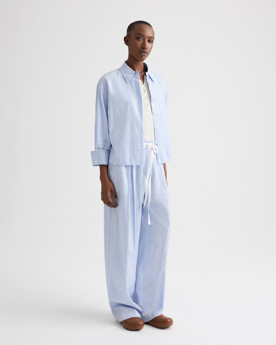 TWP Blue / midnight J.D. Shirt in Micro Triple Stripe view 3