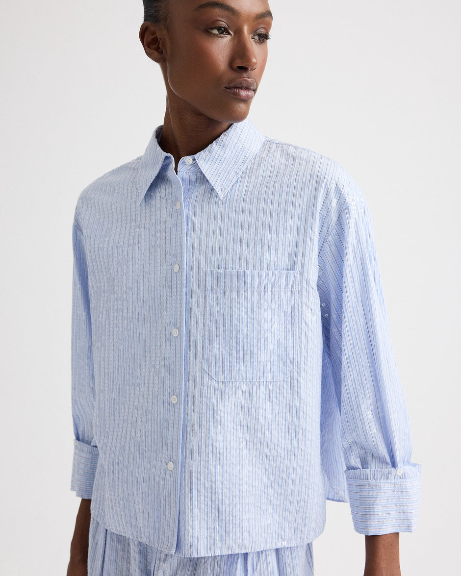TWP Blue / midnight J.D. Shirt in Micro Triple Stripe view 2