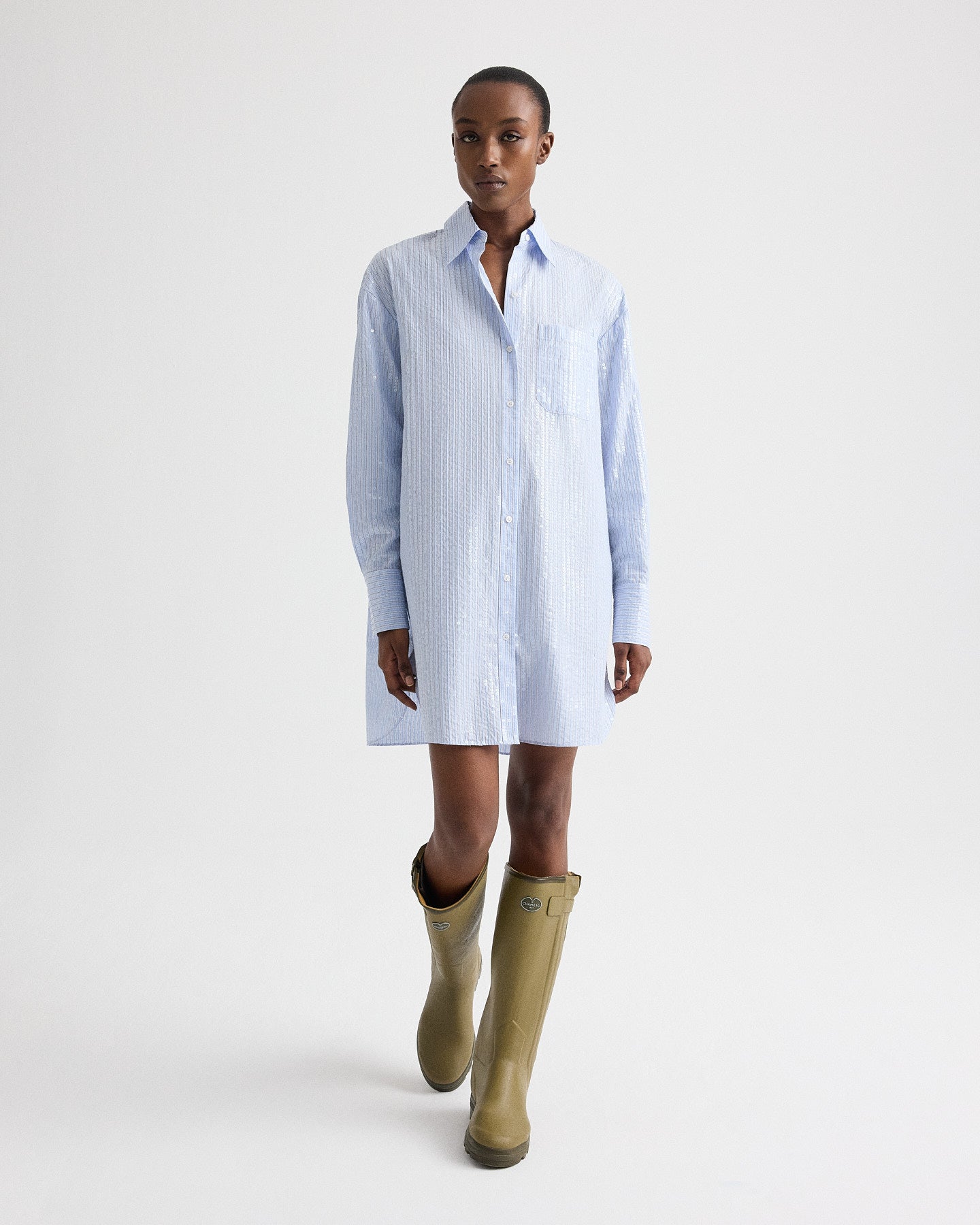 TWP Women's Big Joe Shirt Dress in Micro Triple Stripe - Blue / Midnight