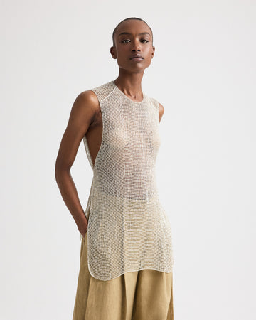 TWP Clear silver lined Beaded Apron Tunic in Bugle Bead Netting view 1