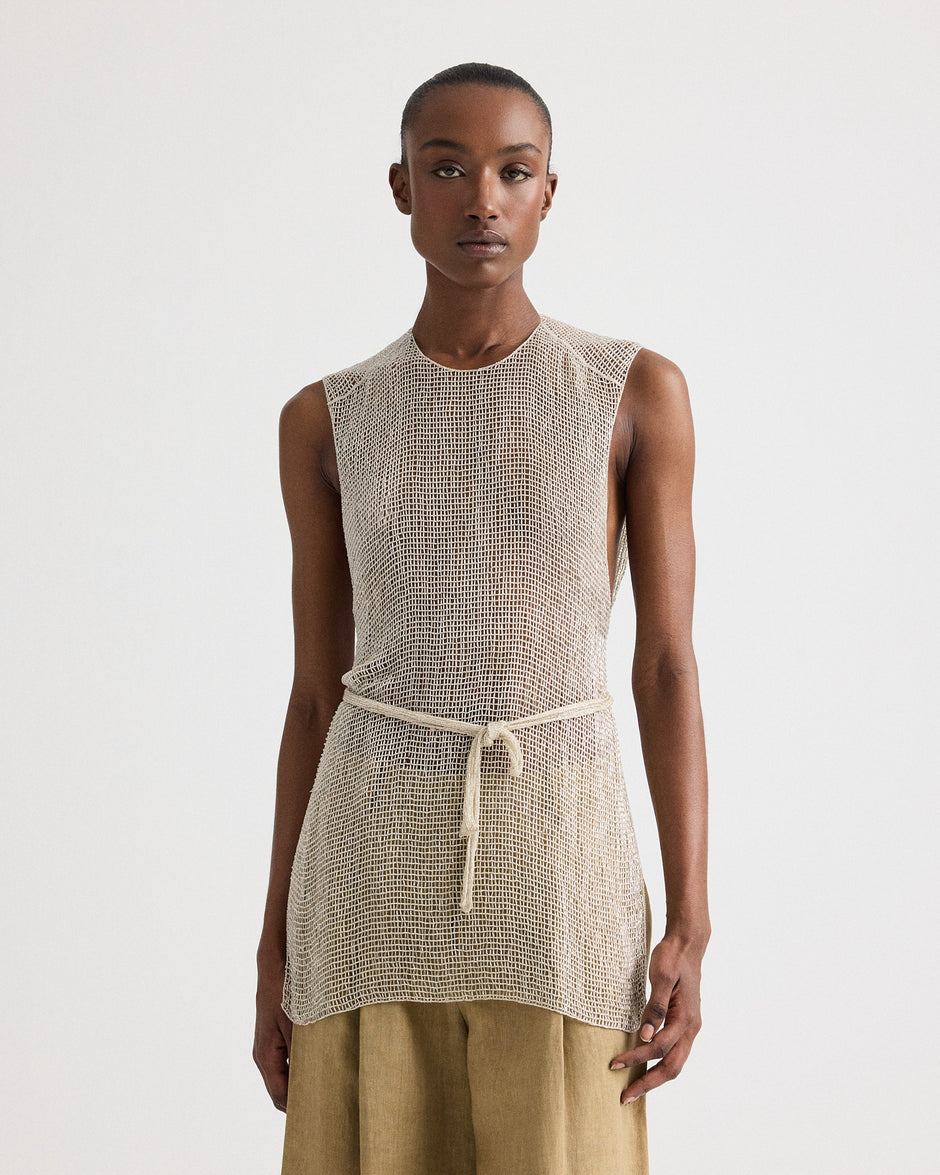 TWP Clear silver lined Beaded Apron Tunic in Bugle Bead Netting view 1