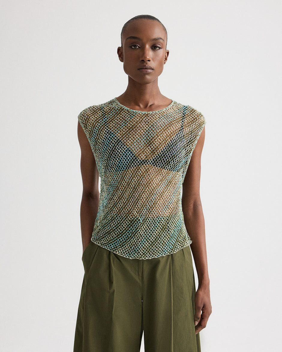 TWP Green multi Oversized Muscle Tank in Bugle And Bead Net Fringe view 1
