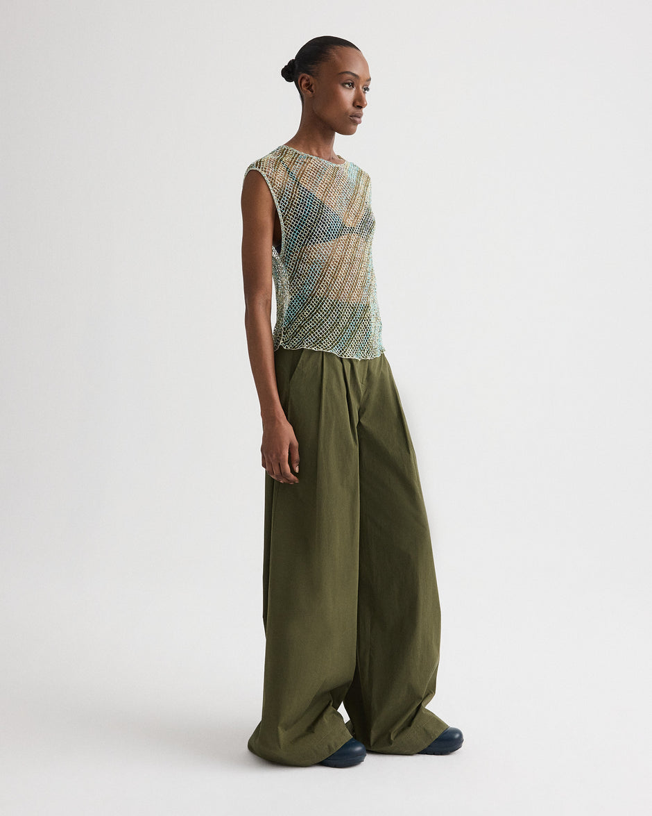 TWP Green multi Oversized Muscle Tank in Bugle And Bead Net Fringe view 4