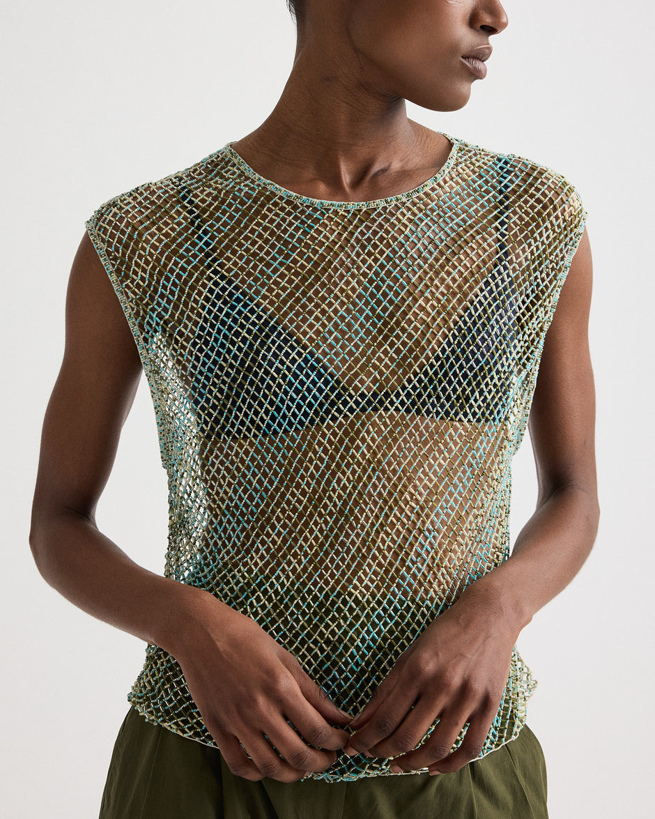 TWP Green multi Oversized Muscle Tank in Bugle And Bead Net Fringe view 2