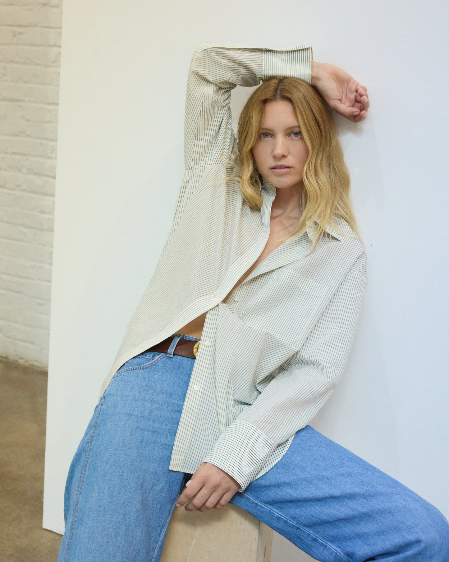 TWP Ivory/forest Big Joe Shirt in Yarn Dye Pinstripe Cotton view 3